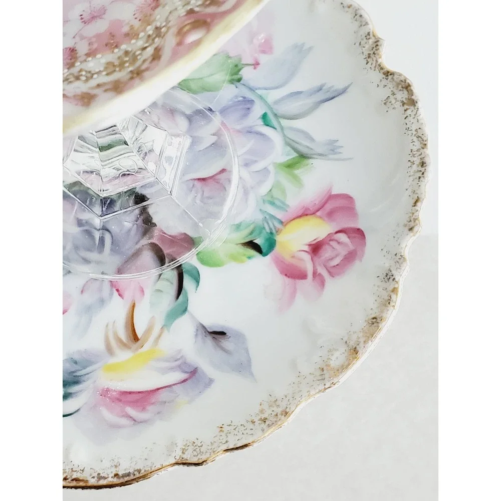 Trinket Dish Pink Floral Figurine Tiered Jewelry Stand Vintage Gold Gilt Shabby